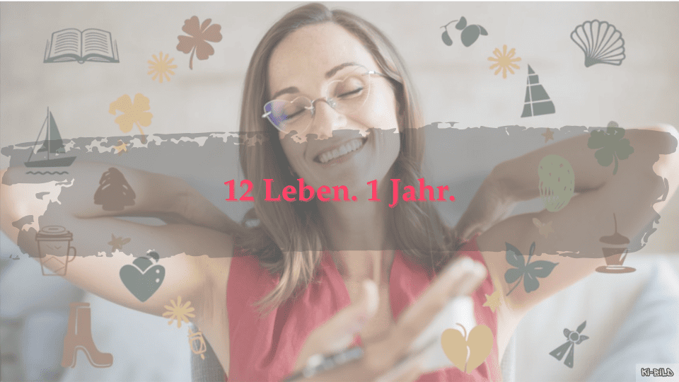 Selbstexperiment über ein Jahr: entspannt lächelnde Frau, umgeben von Symbolen für zwölf verschiedene Lebensweisen