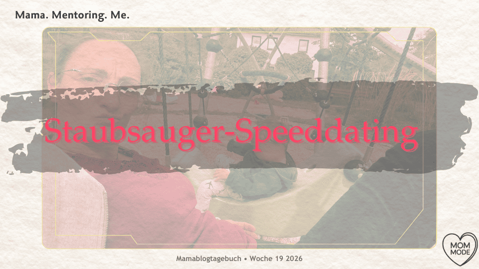 Fotocollage Mutter und Kind auf dem Spielplatz mit Schriftzug Staubsauger-Speeddating