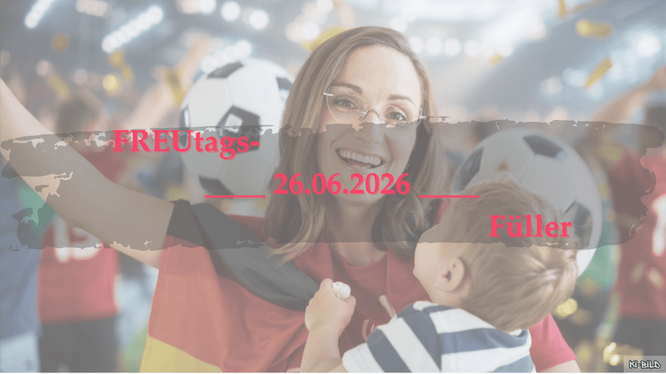KI generiertes Bild, zeigt eine Frau im Stadion mit Deutschlandfahne und Kind auf dem Arm