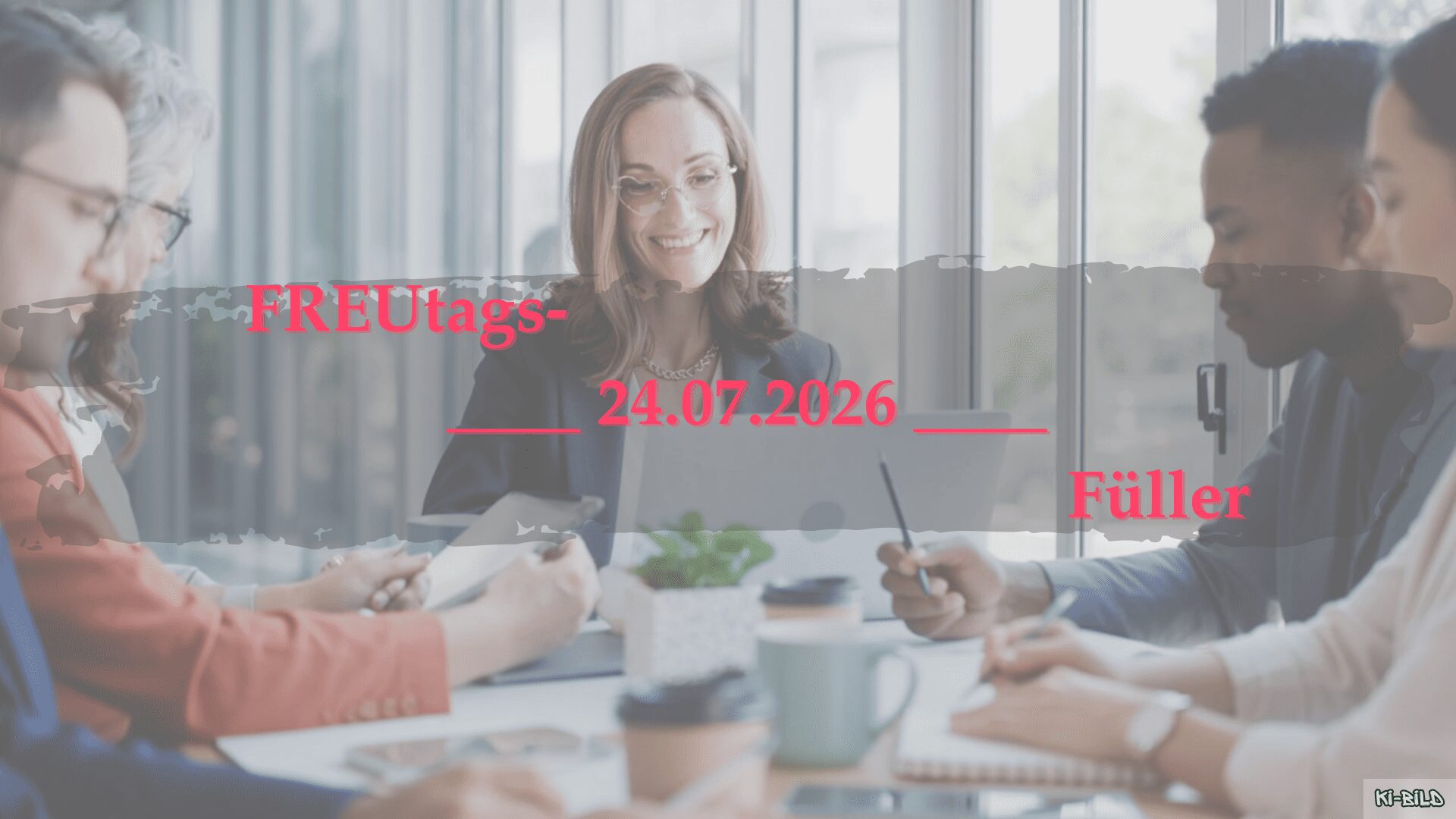 KI generiertes Bild, eine fröhliche Frau mit ihrem Arbeitsteam am Konferenztisch