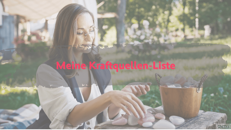Frau mit Herzbrille sortiert Rosenquarz-Steine im Garten als Aktivmeditation