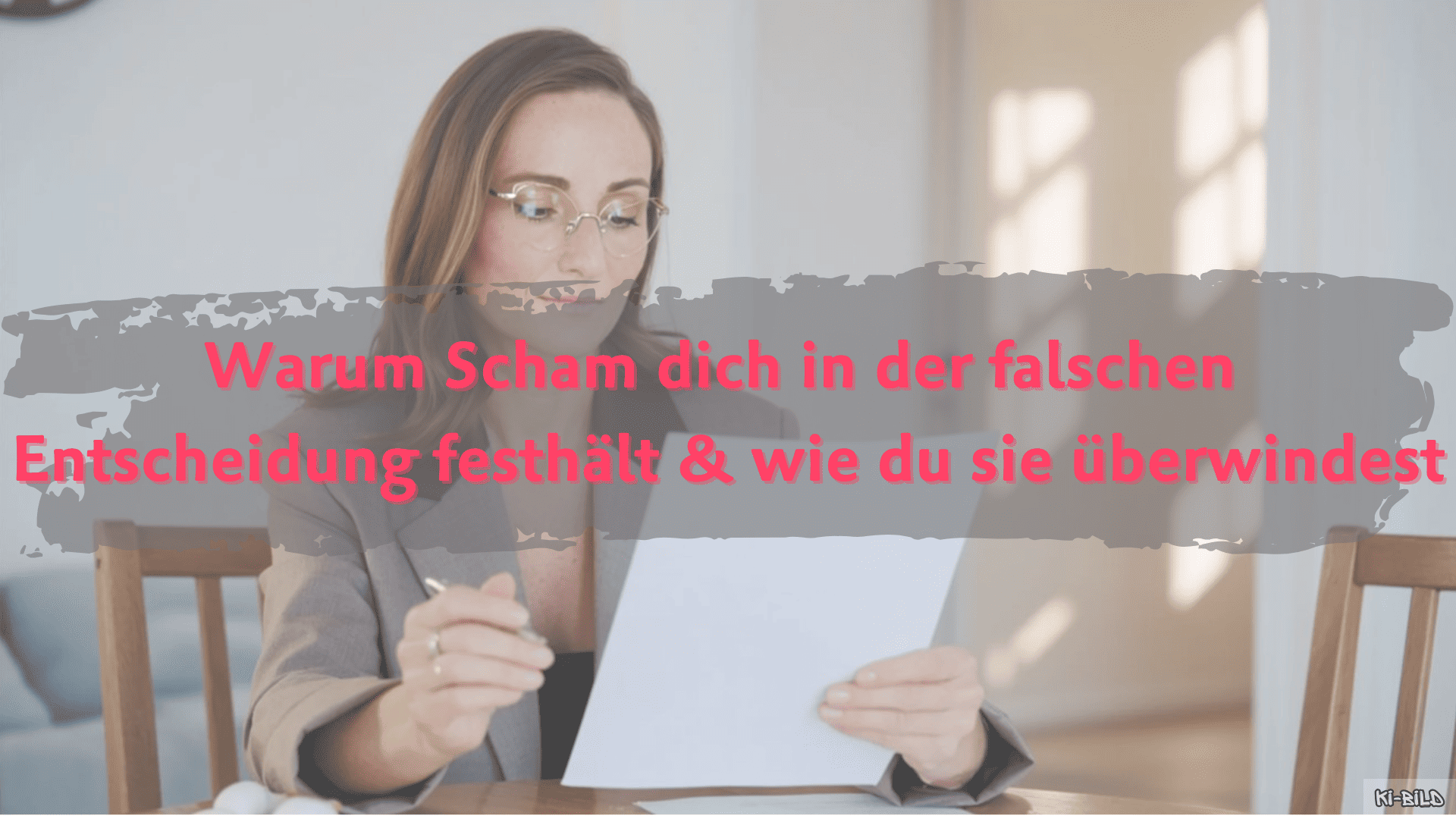 Marion Glück sitzt nachdenklich am Tisch, Scham überwinden nach der Scheidung (KI generiertes Bild)