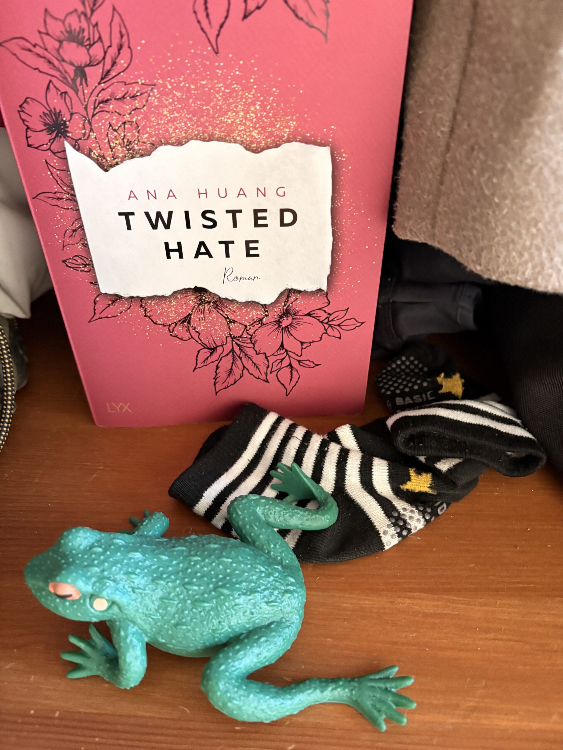 Kinderkram: ein Gummifrosch, ein Buch und Socken
